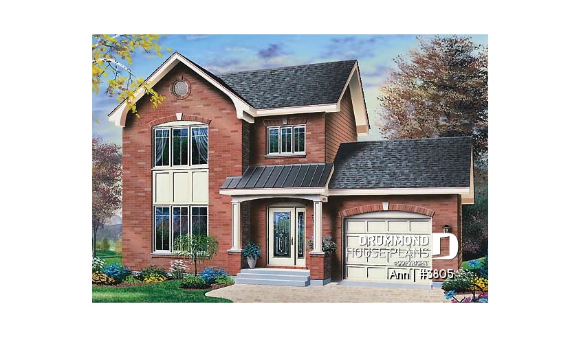 front - BASE MODEL - English inspired house design, 3 bedrooms, breakfast nook, master bedroom with walk-in, one-car garage - Ann