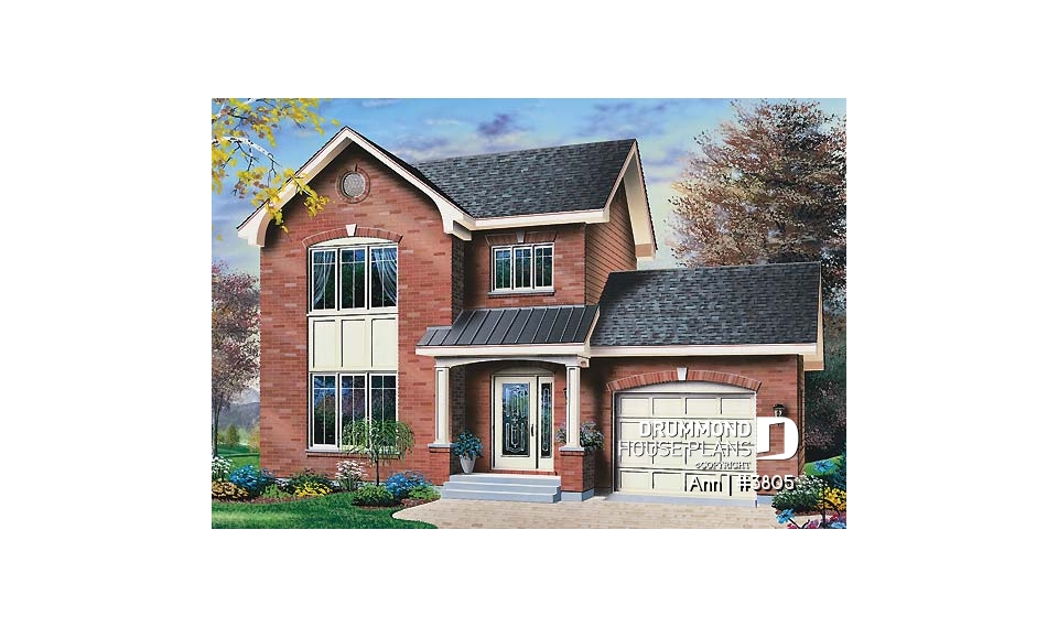 front - BASE MODEL - English inspired house design, 3 bedrooms, breakfast nook, master bedroom with walk-in, one-car garage - Ann