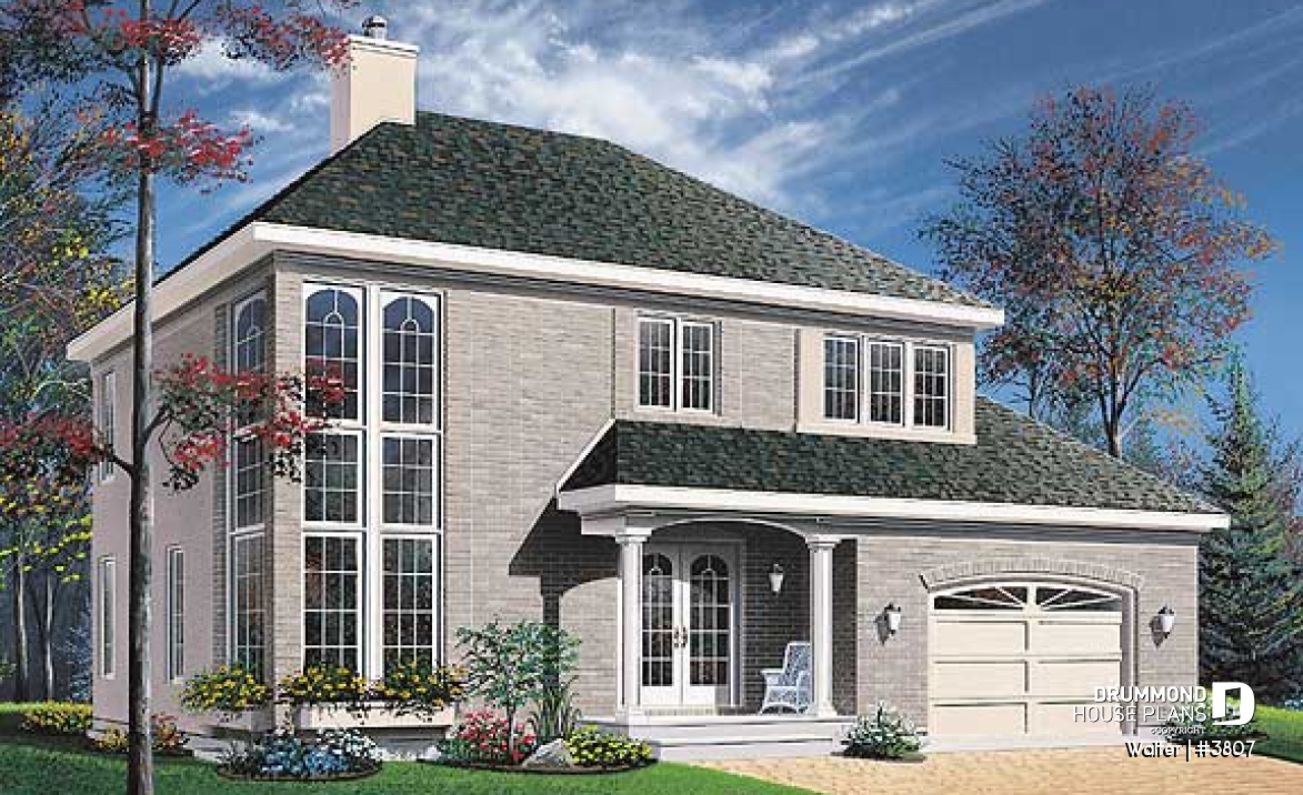 front - BASE MODEL - 2 storey 4 bedrooms house plan with 2-car garage, fireplace - Walter
