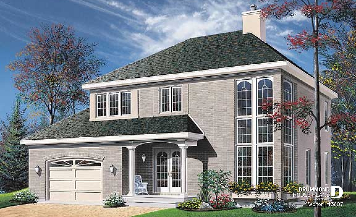 front - BASE MODEL - 2 storey 4 bedrooms house plan with 2-car garage, fireplace - Walter