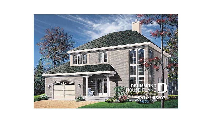 front - BASE MODEL - 2 storey 4 bedrooms house plan with 2-car garage, fireplace - Walter