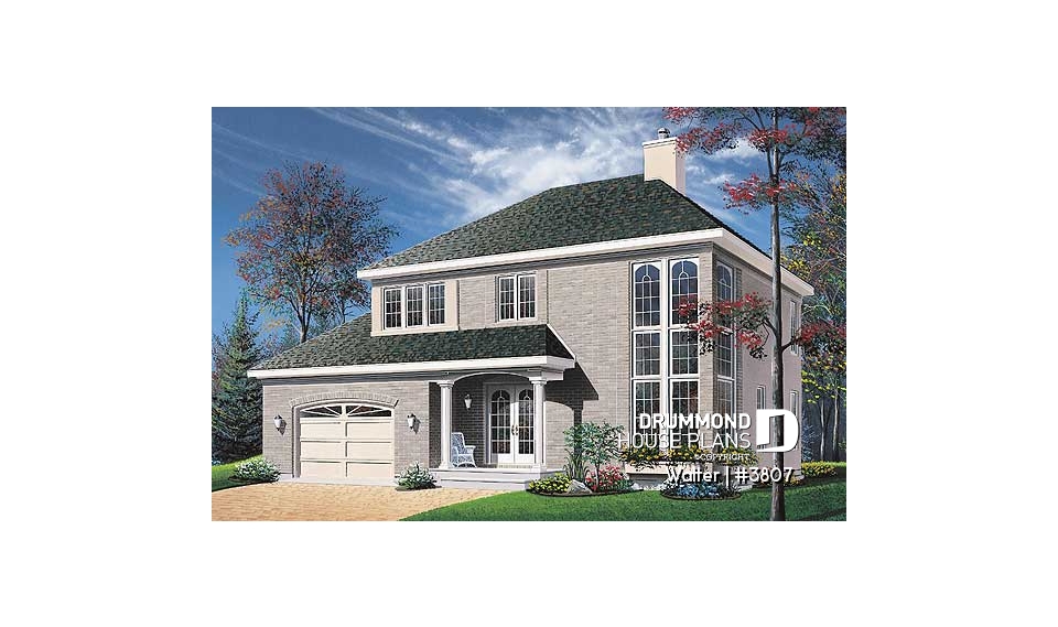 front - BASE MODEL - 2 storey 4 bedrooms house plan with 2-car garage, fireplace - Walter