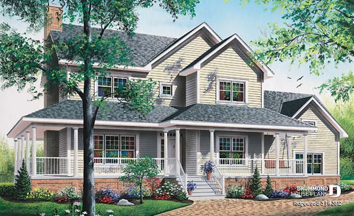 front - BASE MODEL - Country American house plan, 3 to 4 bedrooms, large wraparound balcony, home office - Ridgewood 3