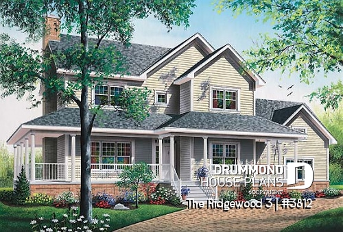front - BASE MODEL - Country American house plan, 3 to 4 bedrooms, large wraparound balcony, home office - Ridgewood 3
