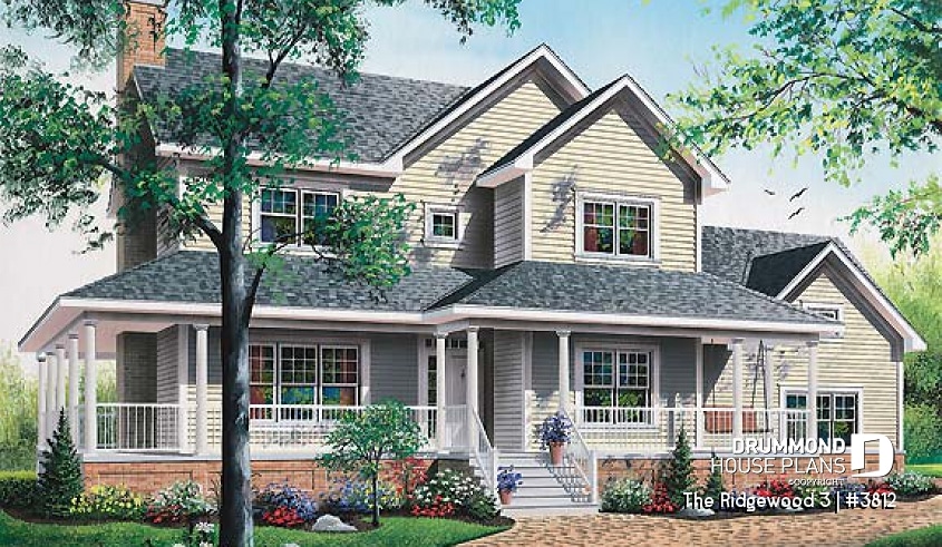 front - BASE MODEL - Country American house plan, 3 to 4 bedrooms, large wraparound balcony, home office - Ridgewood 3