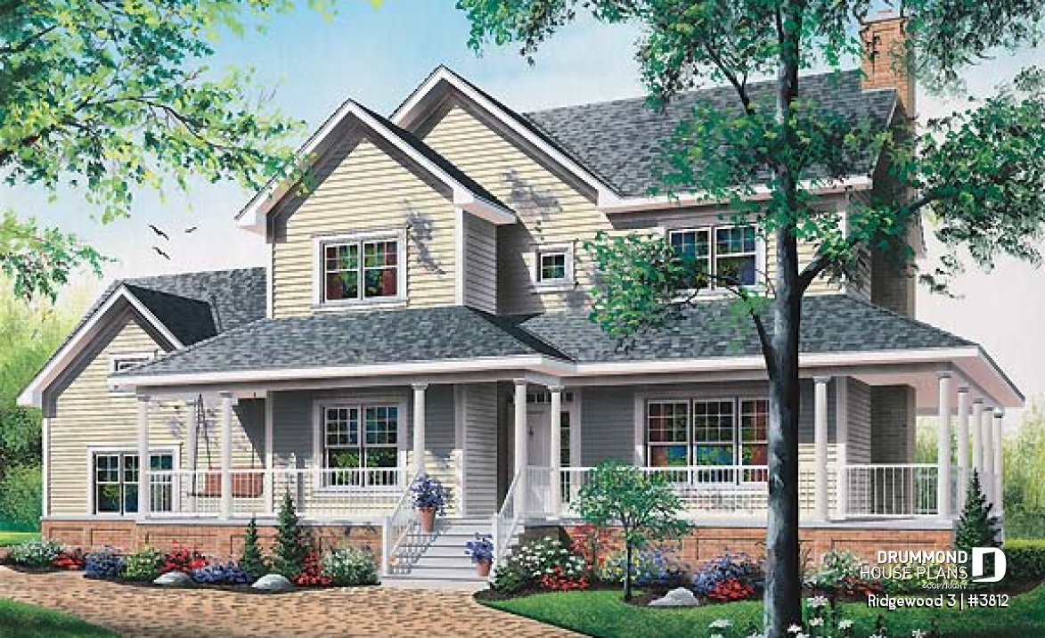 front - BASE MODEL - Country American house plan, 3 to 4 bedrooms, large wraparound balcony, home office - Ridgewood 3