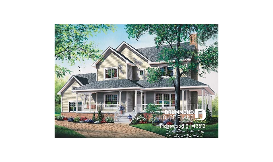 front - BASE MODEL - Country American house plan, 3 to 4 bedrooms, large wraparound balcony, home office - Ridgewood 3