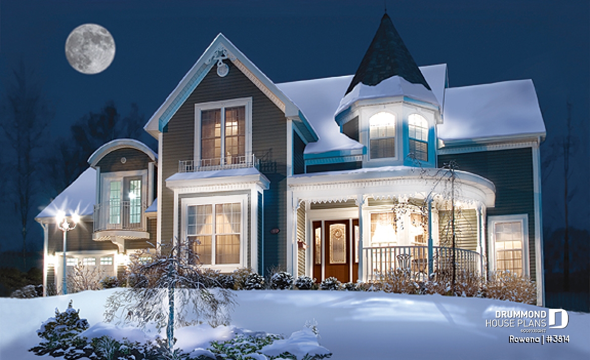 front - BASE MODEL - Victorian house plan with 3 to 4 bedrooms, formal dining room, open family area, large bonus room above garage - Rowena