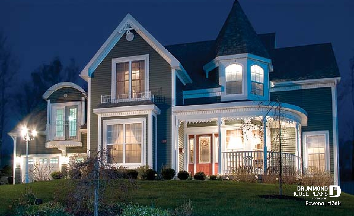 front - BASE MODEL - Victorian house plan with 3 to 4 bedrooms, formal dining room, open family area, large bonus room above garage - Rowena