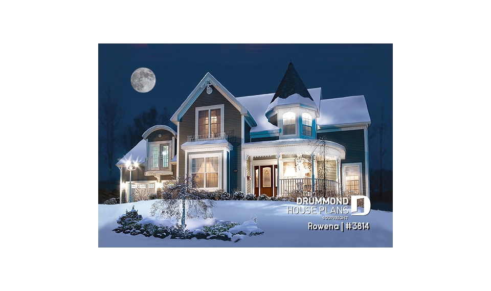 front - BASE MODEL - Victorian house plan with 3 to 4 bedrooms, formal dining room, open family area, large bonus room above garage - Rowena