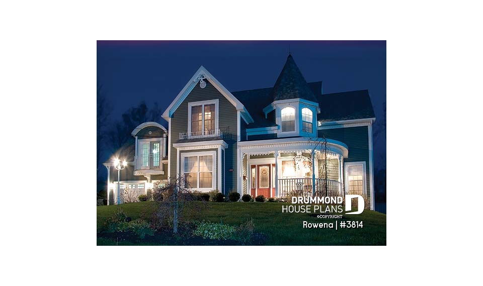 front - BASE MODEL - Victorian house plan with 3 to 4 bedrooms, formal dining room, open family area, large bonus room above garage - Rowena