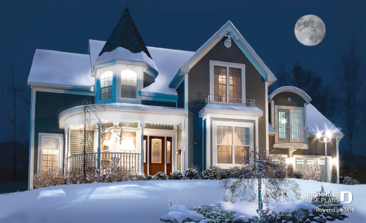 front - BASE MODEL - Victorian house plan with 3 to 4 bedrooms, formal dining room, open family area, large bonus room above garage - Rowena