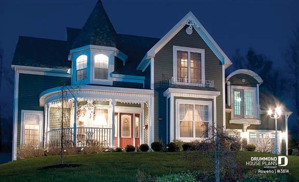 front - BASE MODEL - Victorian house plan with 3 to 4 bedrooms, formal dining room, open family area, large bonus room above garage - Rowena