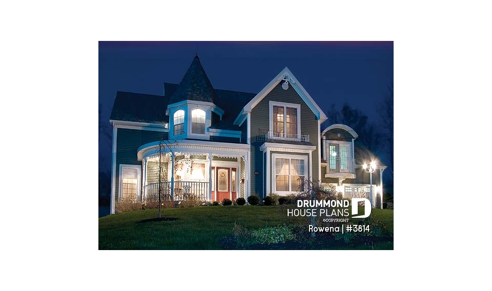 front - BASE MODEL - Victorian house plan with 3 to 4 bedrooms, formal dining room, open family area, large bonus room above garage - Rowena