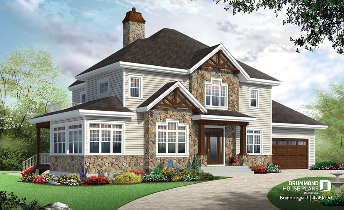front - BASE MODEL - Two master suites Craftsman house plan, 4 bedrooms, 4 bathrooms, home office, solarium, fireplace - Bainbridge 3