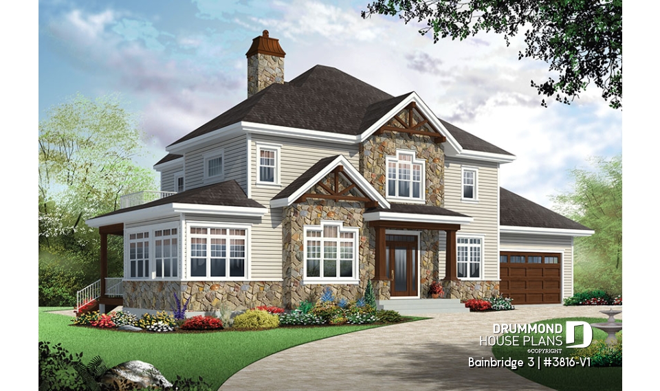 front - BASE MODEL - Two master suites Craftsman house plan, 4 bedrooms, 4 bathrooms, home office, solarium, fireplace - Bainbridge 3