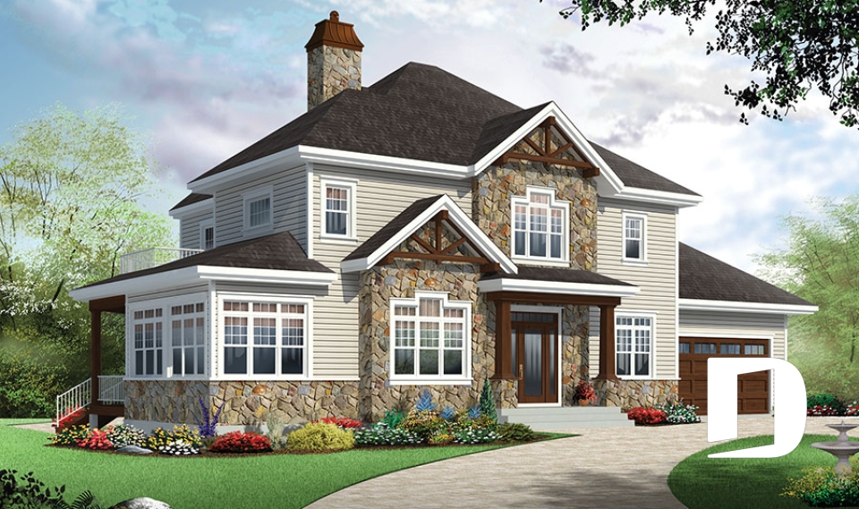 front - BASE MODEL - Two master suites Craftsman house plan, 4 bedrooms, 4 bathrooms, home office, solarium, fireplace - Bainbridge 3