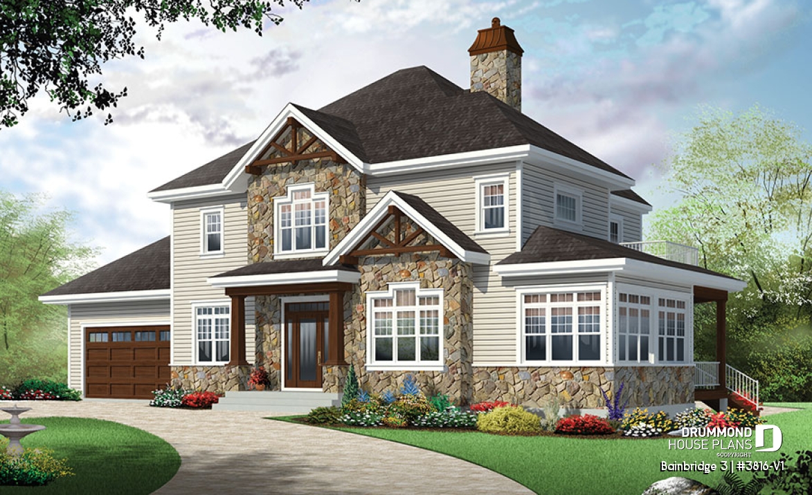 front - BASE MODEL - Two master suites Craftsman house plan, 4 bedrooms, 4 bathrooms, home office, solarium, fireplace - Bainbridge 3