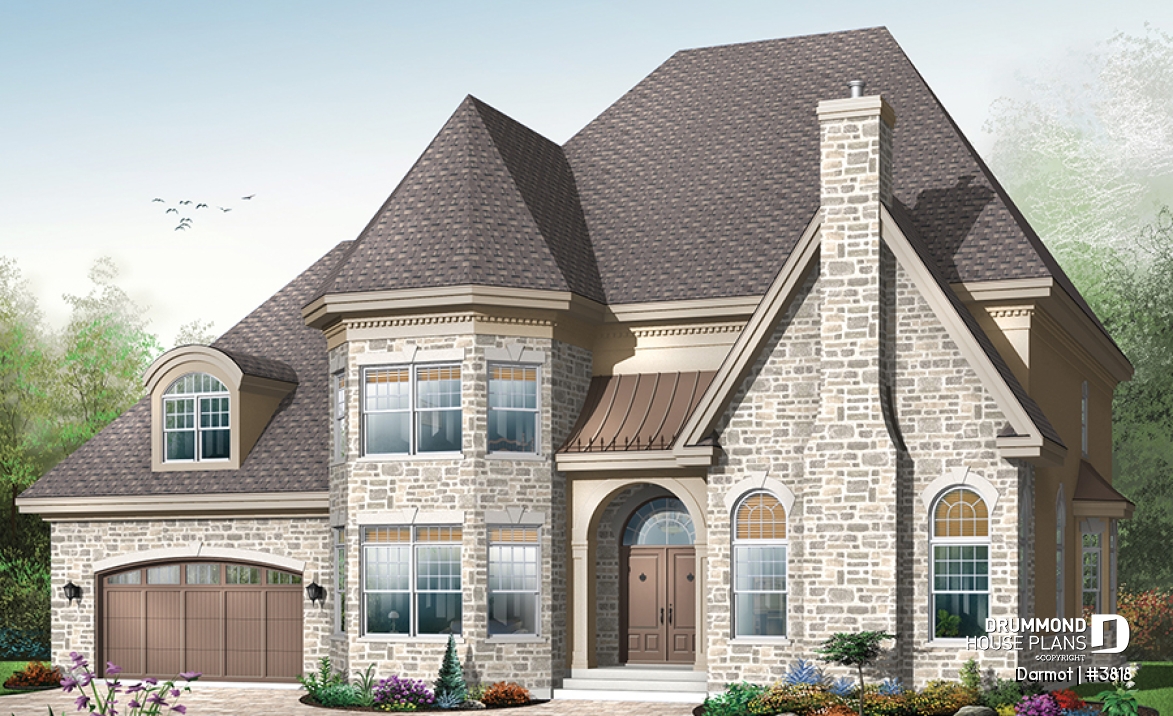 front - BASE MODEL - European castle style house plan, 4 bedrooms + large bonus room, 2-car garage, large master suite with sitting - Darmot