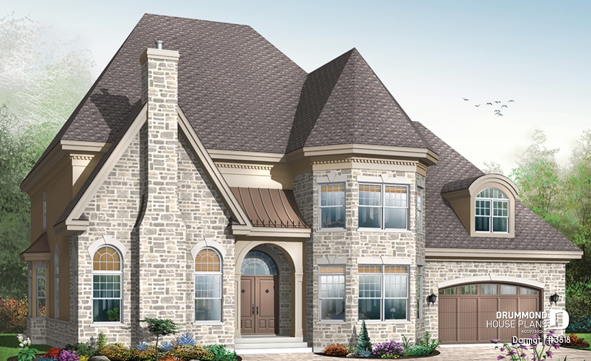 front - BASE MODEL - European castle style house plan, 4 bedrooms + large bonus room, 2-car garage, large master suite with sitting - Darmot