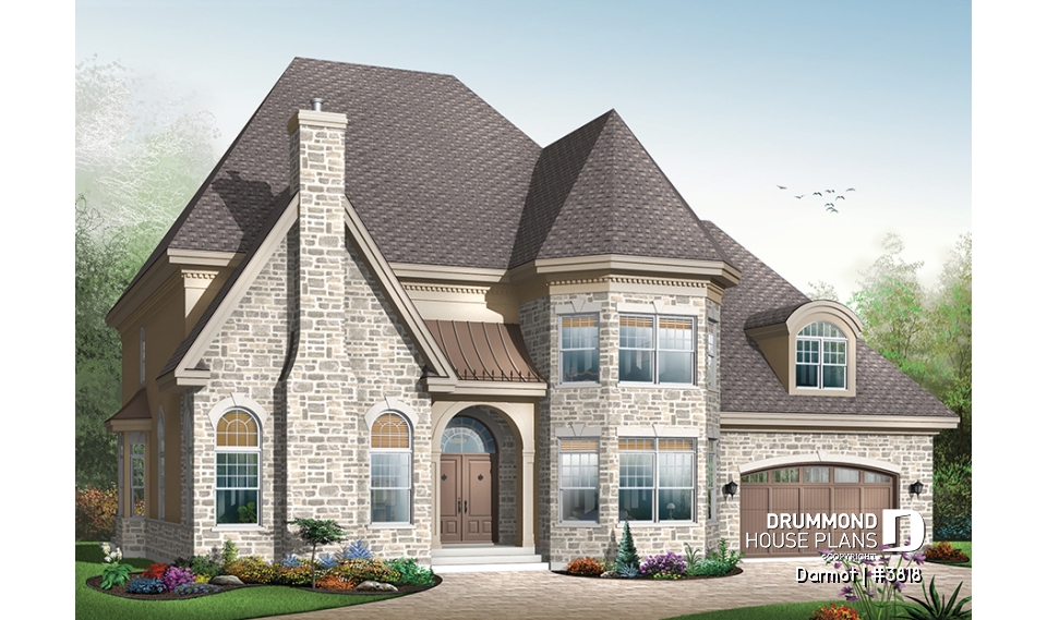 front - BASE MODEL - European castle style house plan, 4 bedrooms + large bonus room, 2-car garage, large master suite with sitting - Darmot