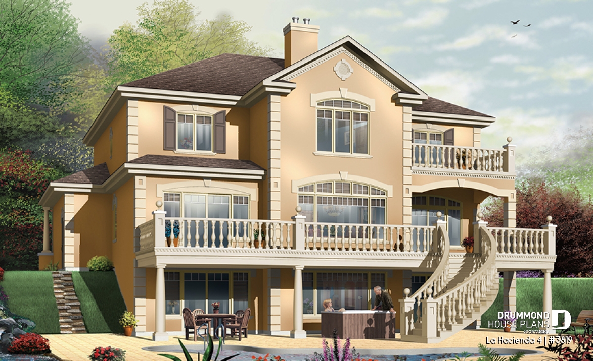Rear view - BASE MODEL - 4 bedroom Mediteranean house plan, 4 beds, 4 baths, large deck, master suite with fireplace &amp; balcony - La Hacienda 4