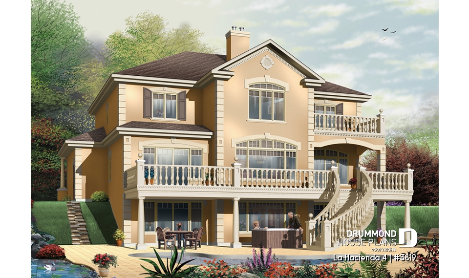 Rear view - BASE MODEL - 4 bedroom Mediteranean house plan, 4 beds, 4 baths, large deck, master suite with fireplace &amp; balcony - La Hacienda 4