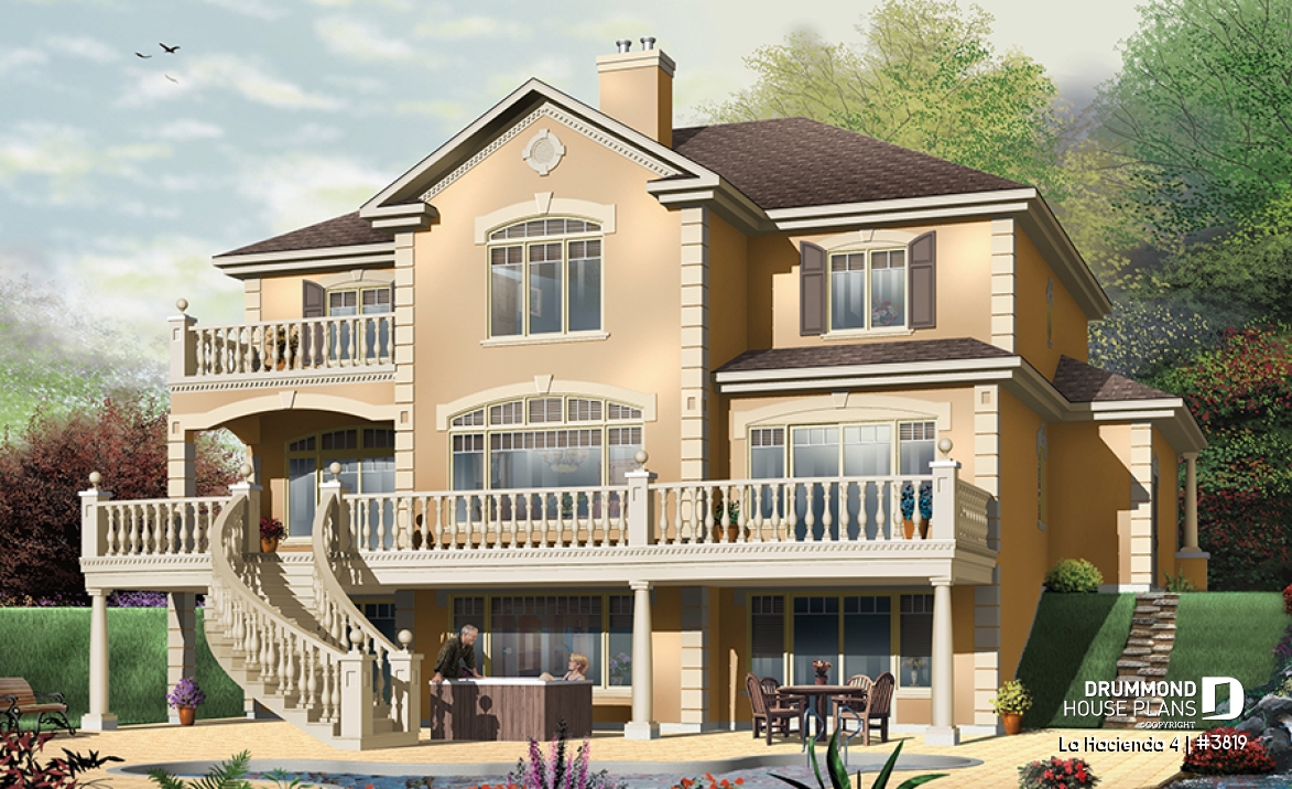 Rear view - BASE MODEL - 4 bedroom Mediteranean house plan, 4 beds, 4 baths, large deck, master suite with fireplace &amp; balcony - La Hacienda 4
