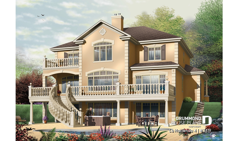 Rear view - BASE MODEL - 4 bedroom Mediteranean house plan, 4 beds, 4 baths, large deck, master suite with fireplace &amp; balcony - La Hacienda 4