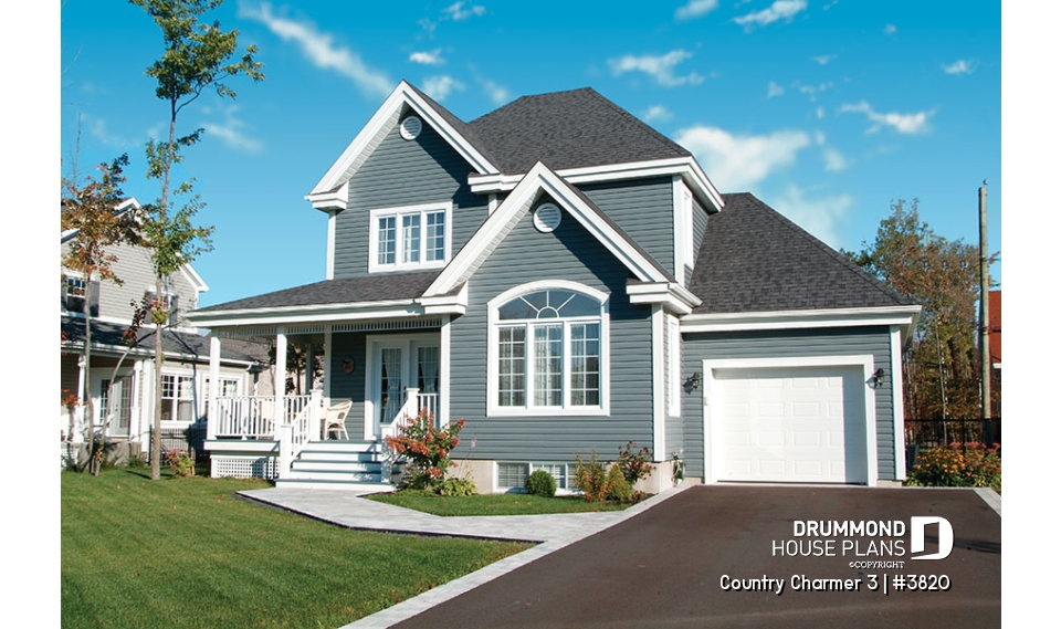 front - BASE MODEL - Simple and economical Country house plan, with covered porch and 3 bedrooms - Country Charmer 3
