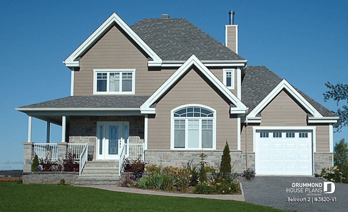 front - BASE MODEL - Farmhouse style houseplan, affordable construction, 3 bedrooms, garage, covered balcony - Belcourt 2