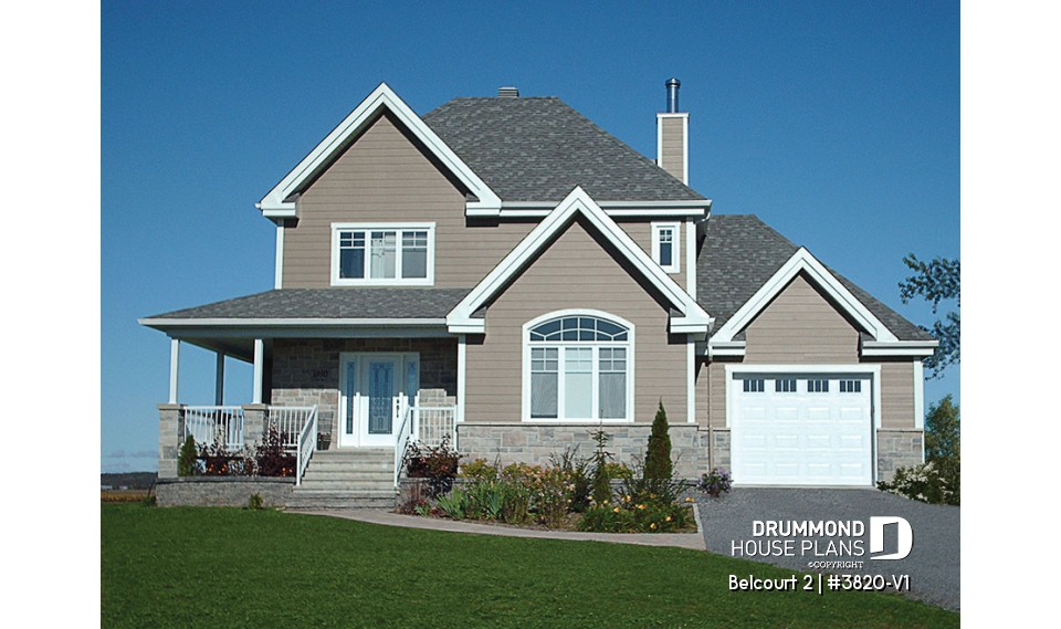 front - BASE MODEL - Farmhouse style houseplan, affordable construction, 3 bedrooms, garage, covered balcony - Belcourt 2