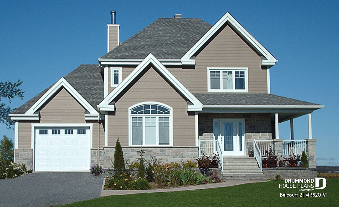 front - BASE MODEL - Farmhouse style houseplan, affordable construction, 3 bedrooms, garage, covered balcony - Belcourt 2