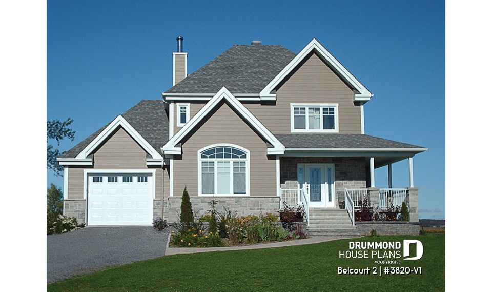 front - BASE MODEL - Farmhouse style houseplan, affordable construction, 3 bedrooms, garage, covered balcony - Belcourt 2