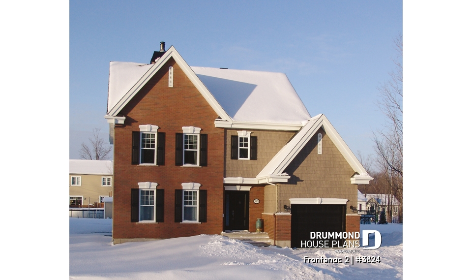 front - BASE MODEL - 2-story house plan with garage, master suite, 3 beds 2 baths, large family room, two-sided fireplace - Frontenac 2