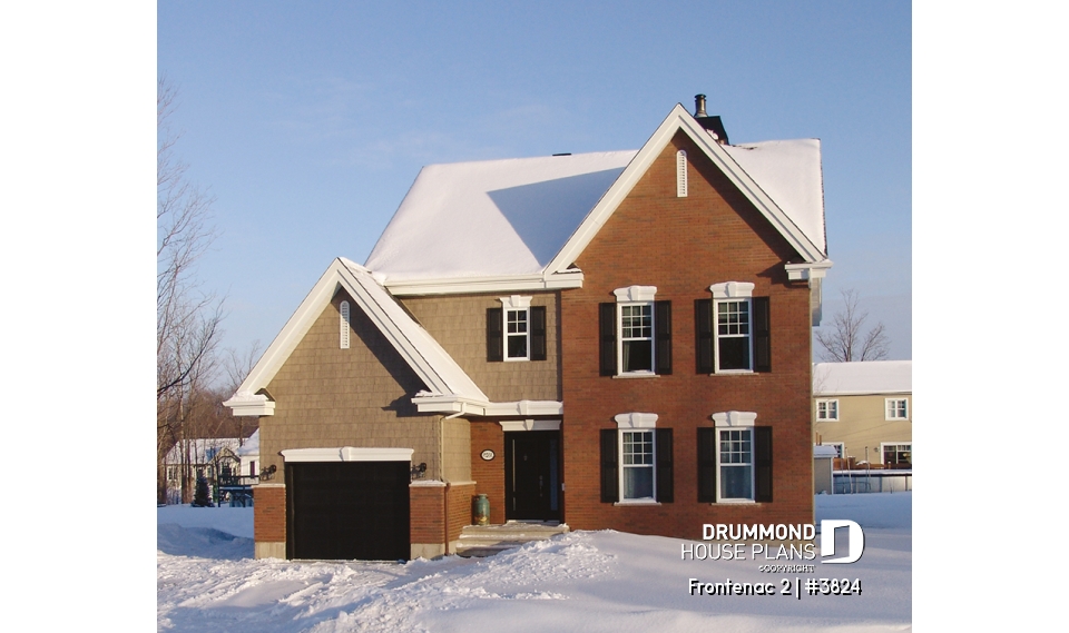 front - BASE MODEL - 2-story house plan with garage, master suite, 3 beds 2 baths, large family room, two-sided fireplace - Frontenac 2
