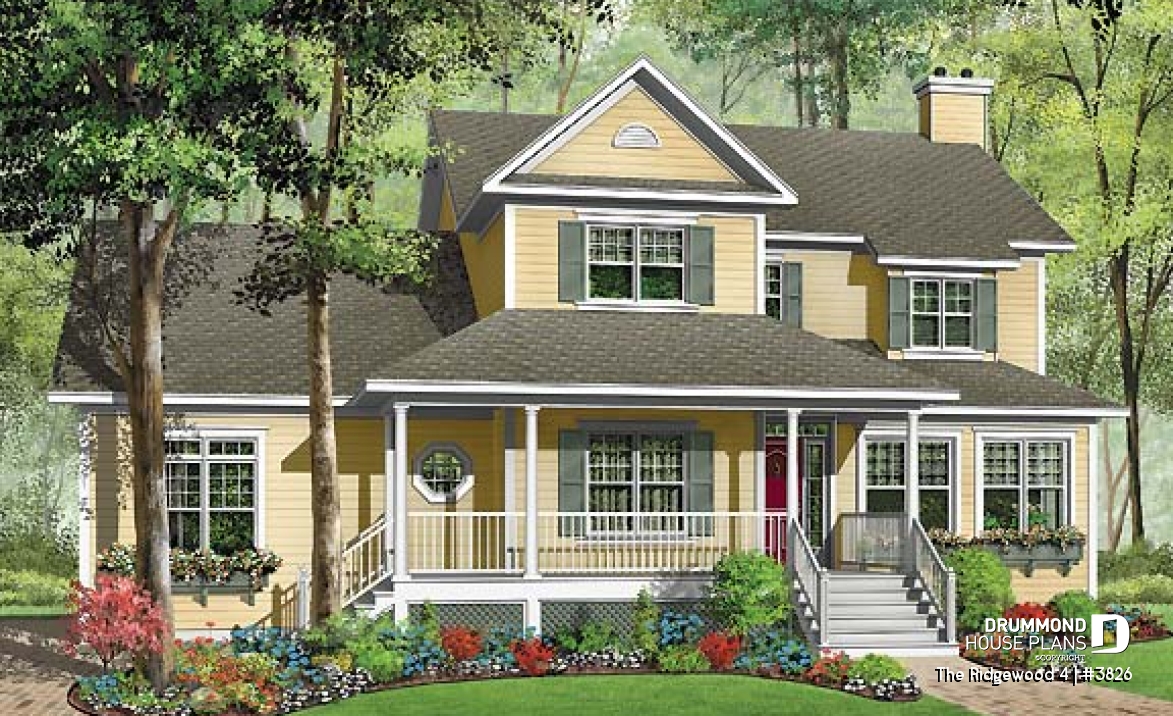 front - BASE MODEL - 3 to 4 bedroom Country house plan, 3-car garage, home office, formal dining and living room - The Ridgewood 4
