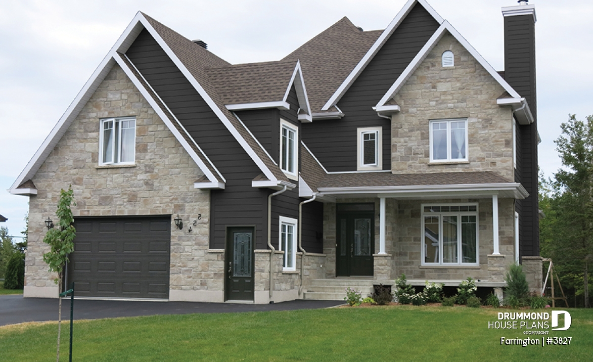 Color version 3 - Front - Luxury Traditional house plan, 4 bedrooms + bonus space, home office, corner fireplace, pantry, 2-car garage - Farrington