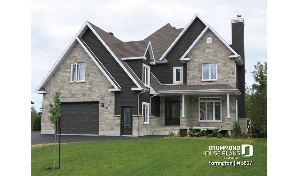 Color version 3 - Front - Luxury Traditional house plan, 4 bedrooms + bonus space, home office, corner fireplace, pantry, 2-car garage - Farrington