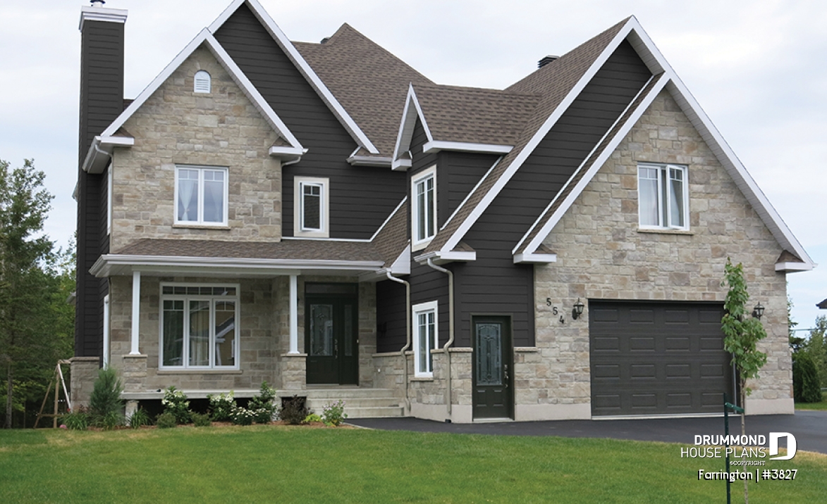 Color version 3 - Front - Luxury Traditional house plan, 4 bedrooms + bonus space, home office, corner fireplace, pantry, 2-car garage - Farrington
