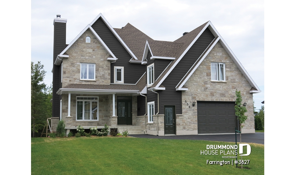 Color version 3 - Front - Luxury Traditional house plan, 4 bedrooms + bonus space, home office, corner fireplace, pantry, 2-car garage - Farrington