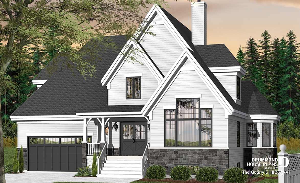 Color version 1 - Front - Tudor style house plan with 4 bedrooms, seperated master bedroom with tub, 2-car garage - The Quarry 3