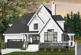 Color version 1 - Front - Tudor style house plan with 4 bedrooms, seperated master bedroom with tub, 2-car garage - The Quarry 3