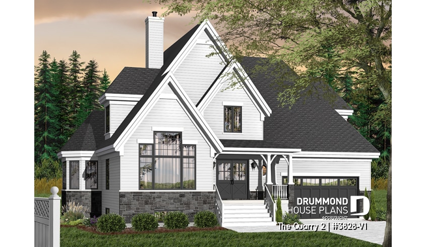 Color version 1 - Front - Tudor style house plan with 4 bedrooms, seperated master bedroom with tub, 2-car garage - The Quarry 3