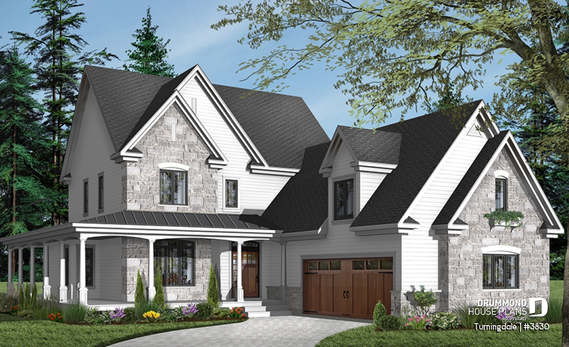 front - BASE MODEL - Traditional home with wraparound porch, 4 bedrooms, 2+ car garage, home office, large bonus space - Turningdale