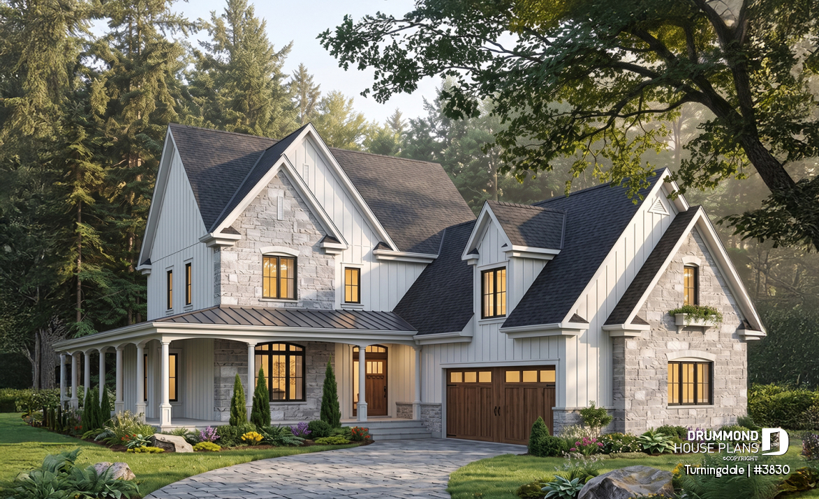 front - BASE MODEL - Traditional home with wraparound porch, 4 bedrooms, 2+ car garage, home office, large bonus space - Turningdale