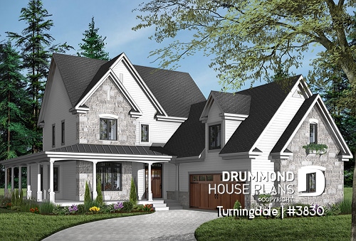 front - BASE MODEL - Traditional home with wraparound porch, 4 bedrooms, 2+ car garage, home office, large bonus space - Turningdale