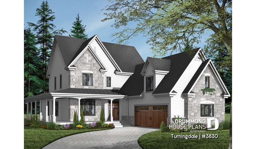 front - BASE MODEL - Traditional home with wraparound porch, 4 bedrooms, 2+ car garage, home office, large bonus space - Turningdale