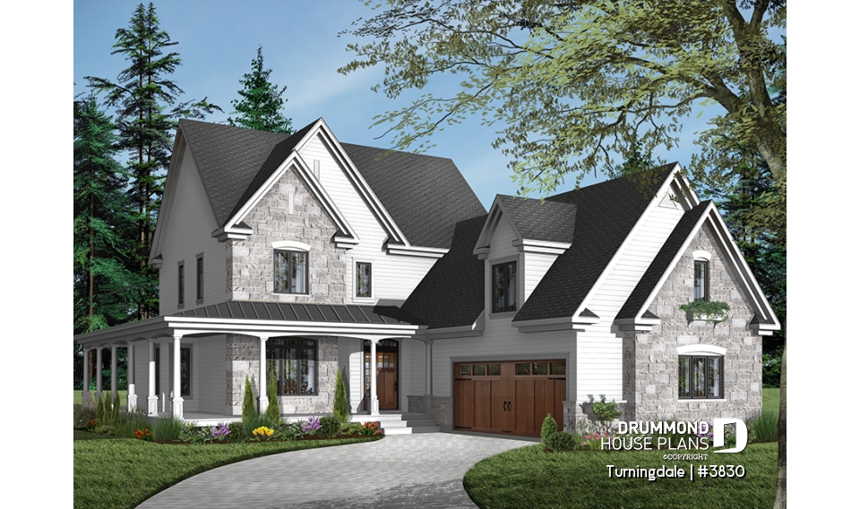 front - BASE MODEL - Traditional home with wraparound porch, 4 bedrooms, 2+ car garage, home office, large bonus space - Turningdale