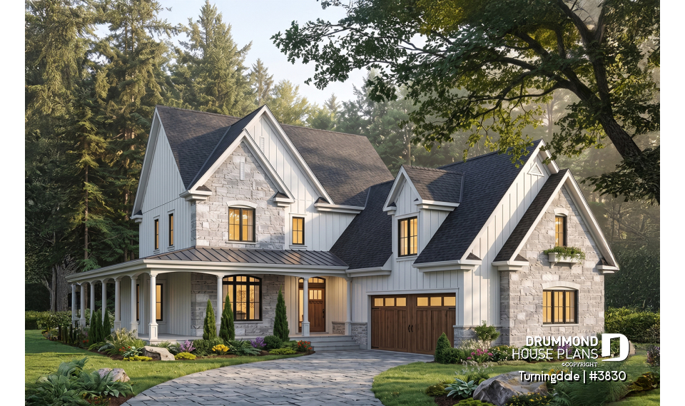 front - BASE MODEL - Traditional home with wraparound porch, 4 bedrooms, 2+ car garage, home office, large bonus space - Turningdale